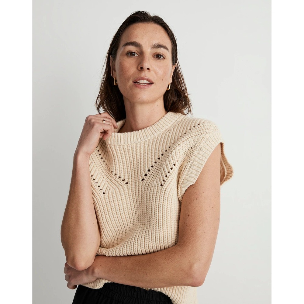 Madewell Pointelle V-Detail Sweater Vest Tan Beige NJ838 XS